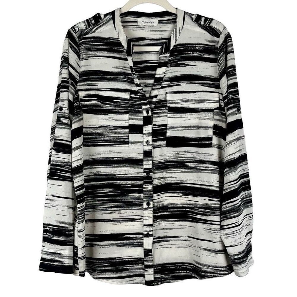Calvin Klein Black White Double Front Pocket Blouse Medium